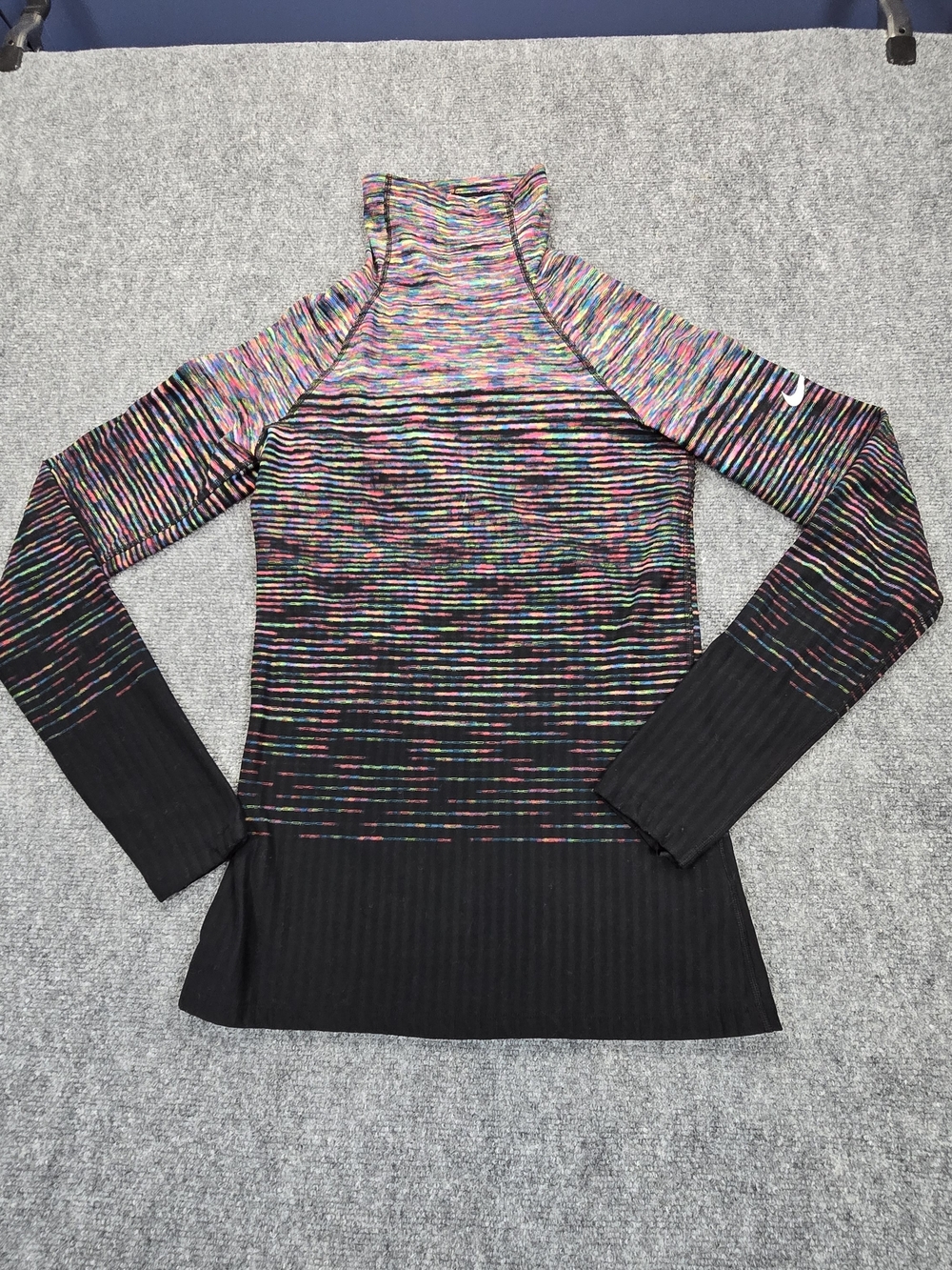 Nike Pro Hyperwarm Top Womens L Black Rainbow Stripe High Neck Thumbholes